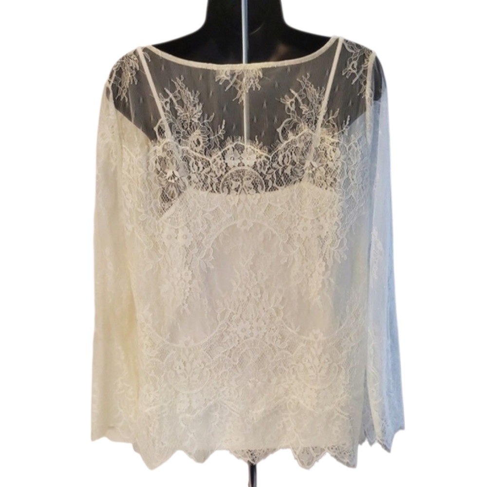 White House Black Market Ivory Long Sleeve Lace Blouse Lined Round Neck Size M - Picture 7 of 9